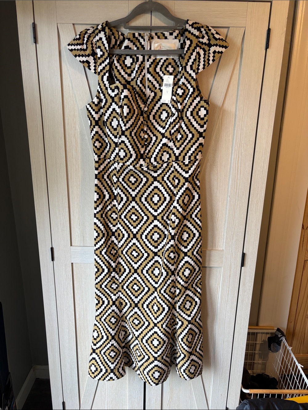 Anthropologie Black White & Gold Geometric Midi Dress Cecily Fit & Flare NWT